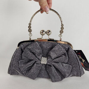 Silver Metallic Bow Rhinestone Clutch Purse